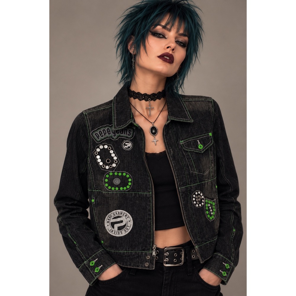 Pepe Jeans London M Black Denim Jacket Neon Green Stitching Y2K